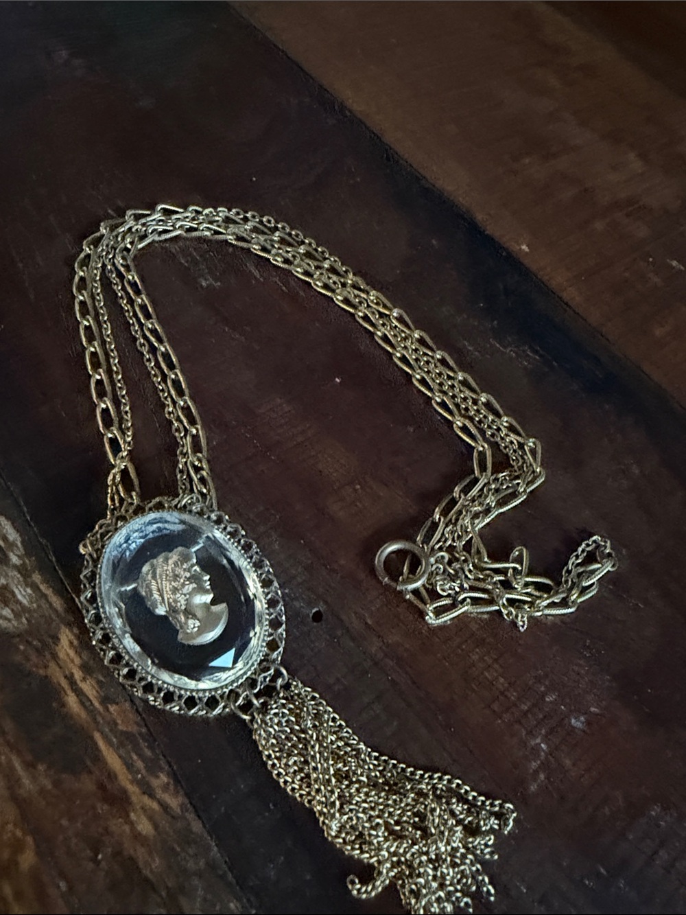 Gold Cameo Pendant Necklace with Tassel